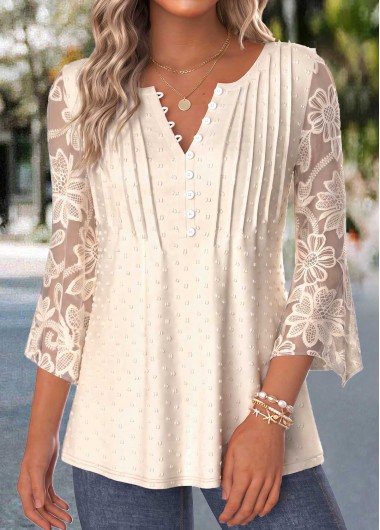 women clothes image of Beige Tuck Stitch 3/4 Sleeve Split Neck Blouse