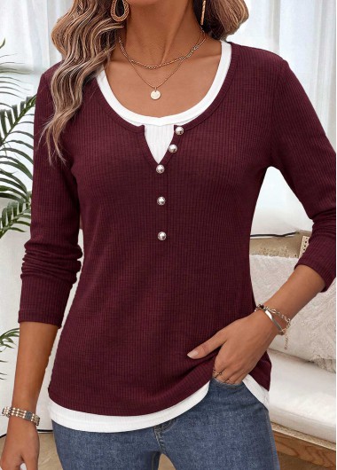 women clothes image of Deep Red Fake 2in1 Long Sleeve T Shirt