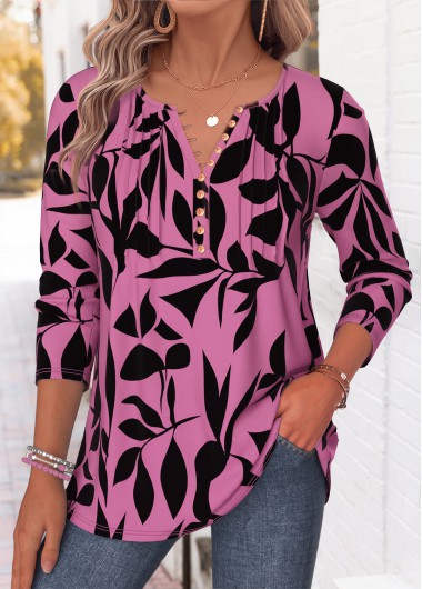 women clothes image of Pink Plants Print Tuck Stitch T Shirt