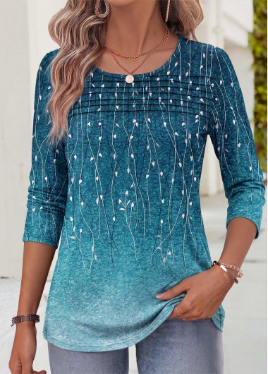 women clothes image of Cyan Leaf Print Tuck Stitch Long Sleeve T Shirt