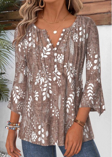 women clothes image of Brick Red Leaf Print Tuck Stitch 3/4 Sleeve Blouse