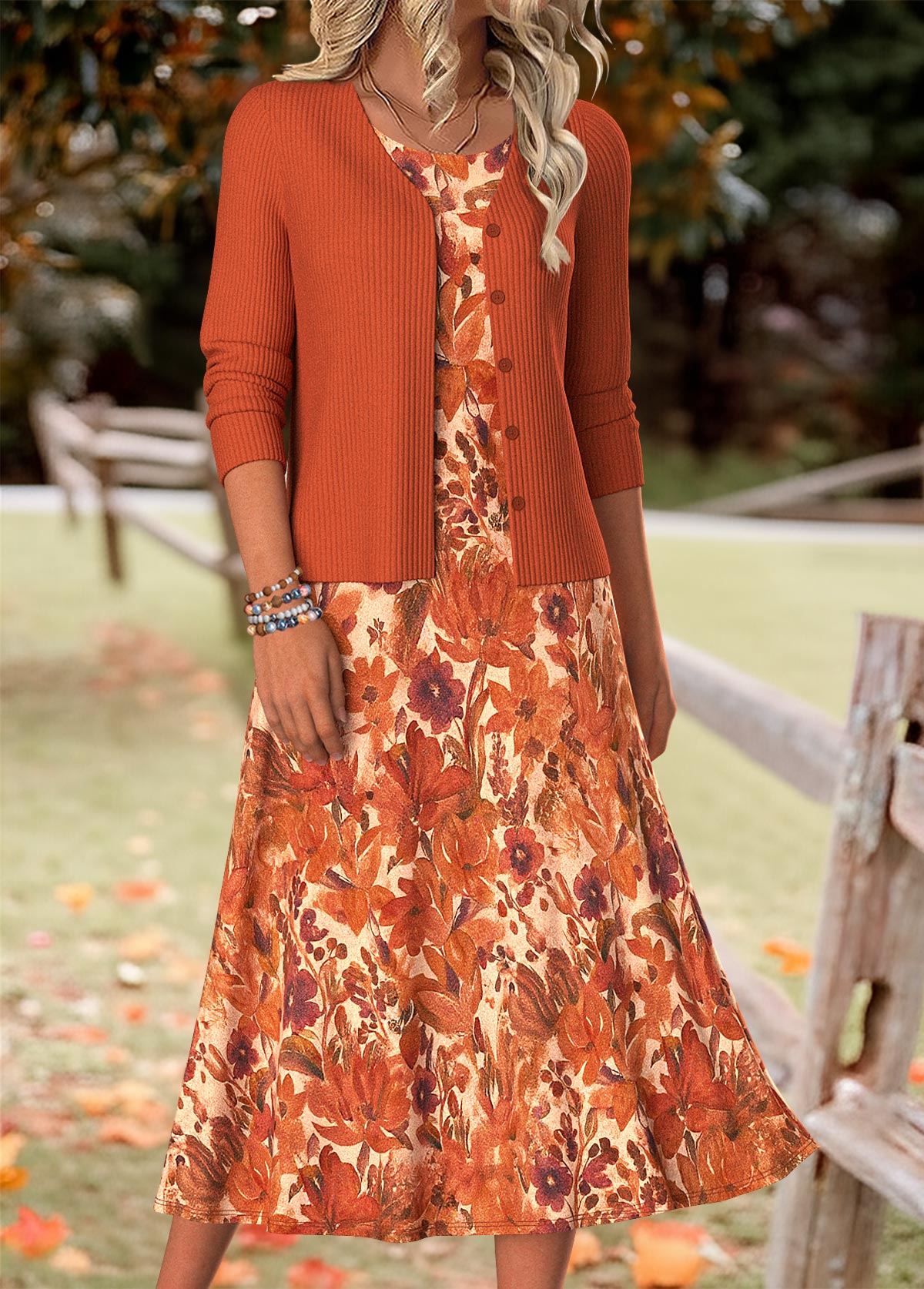 Modlily Orange Tummy Coverage Random Floral Print Dress and Cardigan - XXL