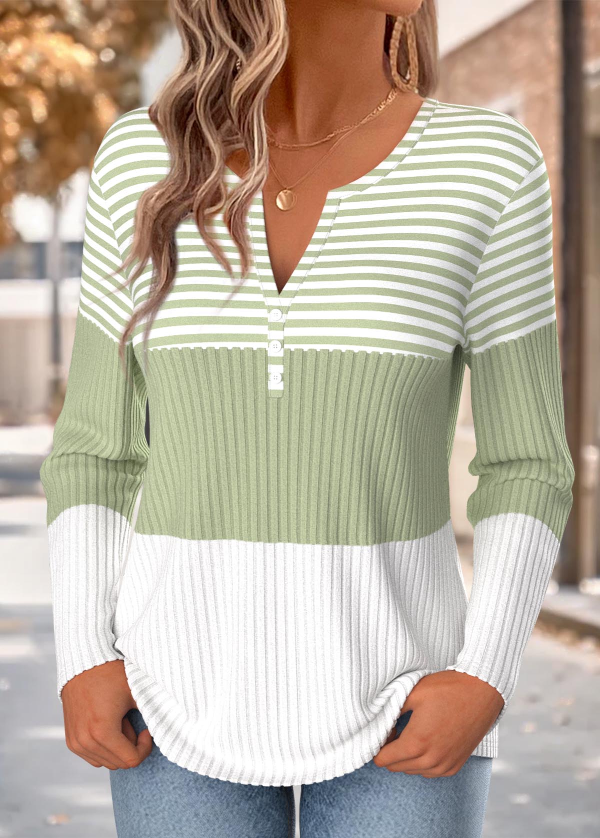 Light Green Striped Button Long Sleeve T Shirt 3