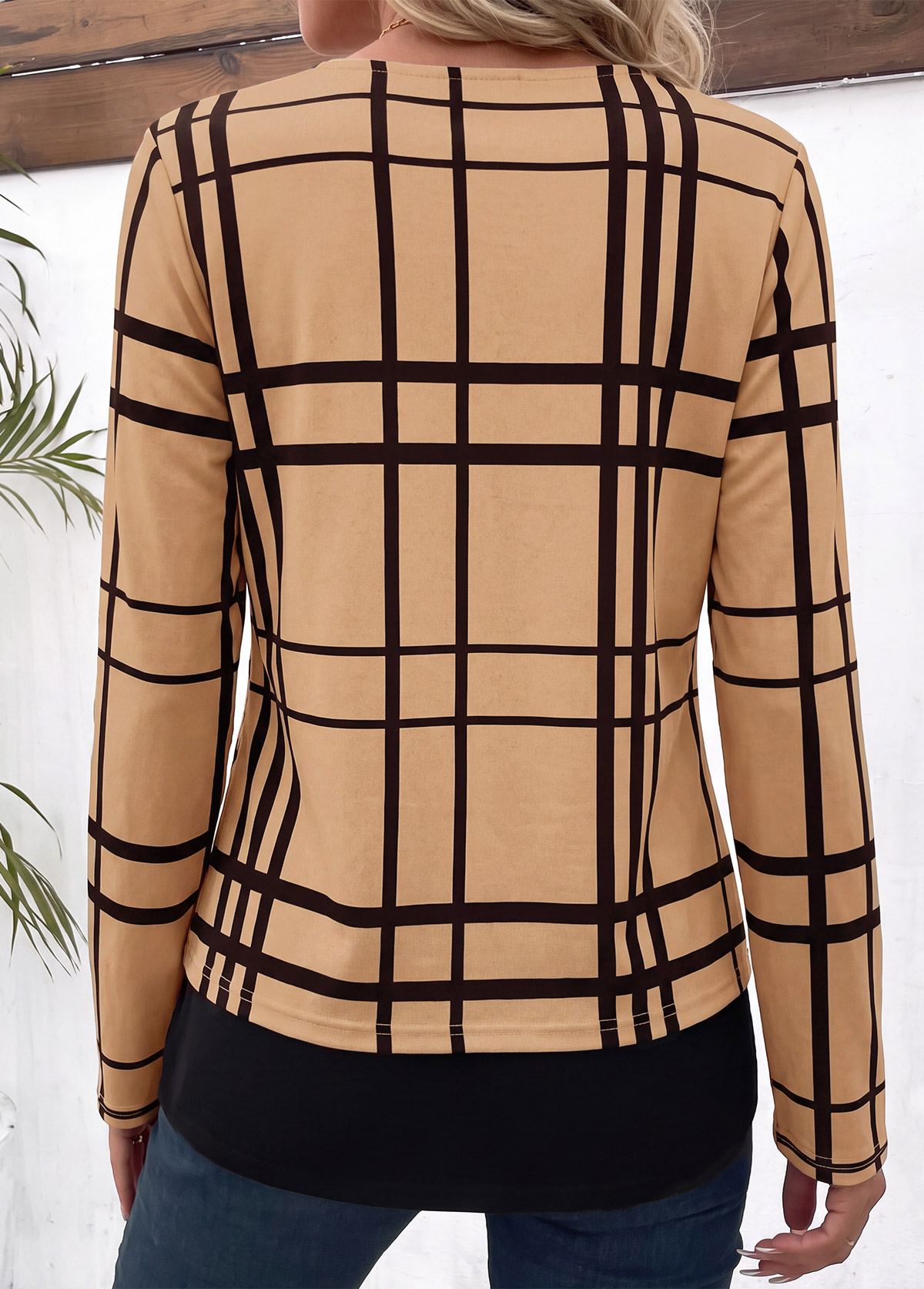 Light Coffee Plaid Layered Fake Two Piece Twinset 2