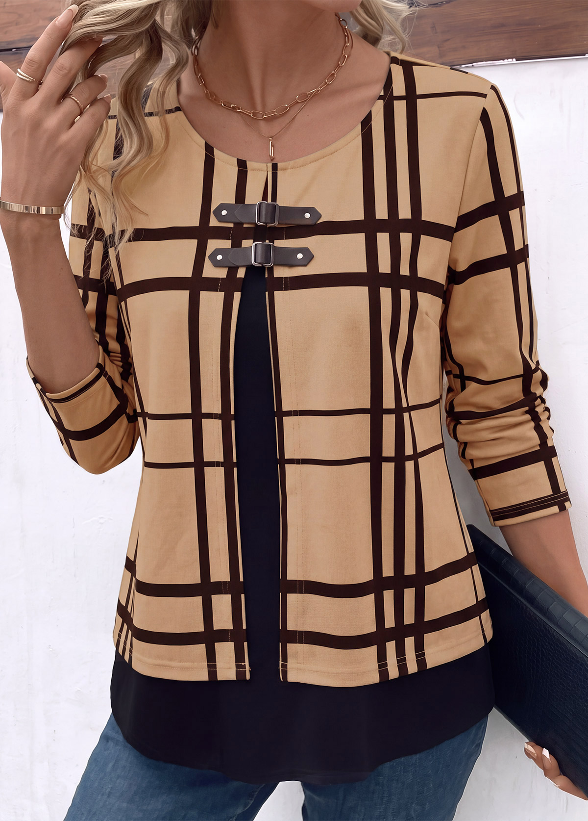 Light Coffee Plaid Layered Fake Two Piece Twinset 3