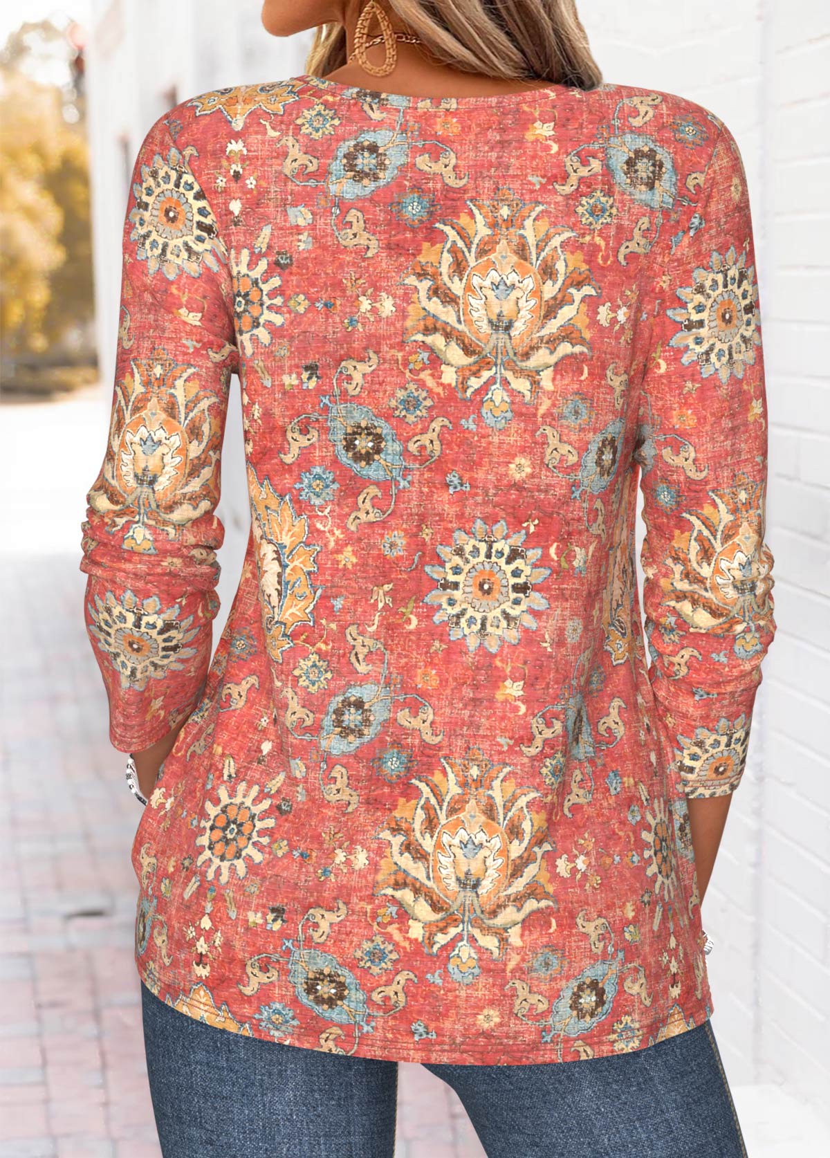 Red Tribal Print Tuck Stitch Long Sleeve T Shirt 2