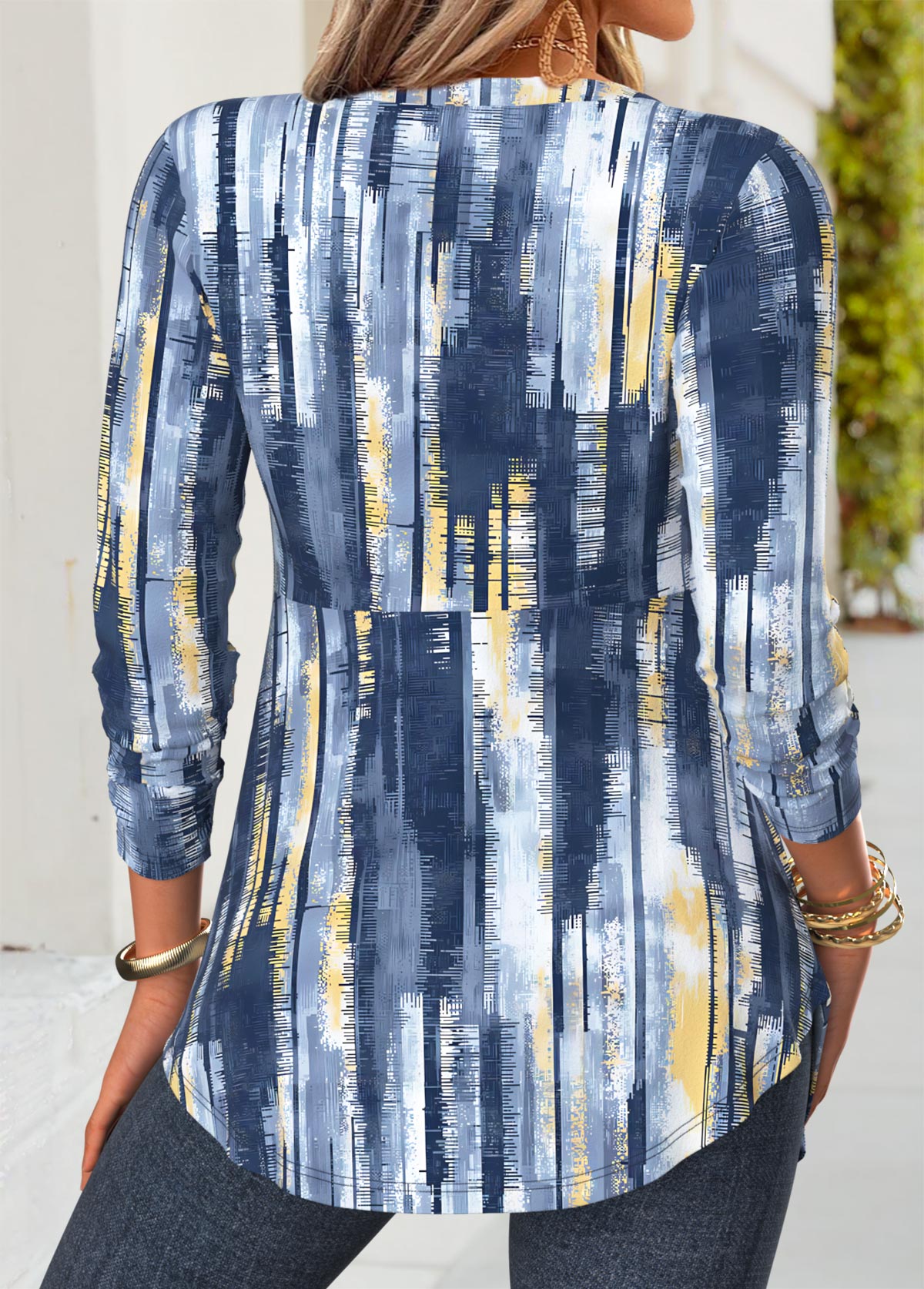 Blue Geometric Print Long Sleeve Fake Two Piece Twinset 2