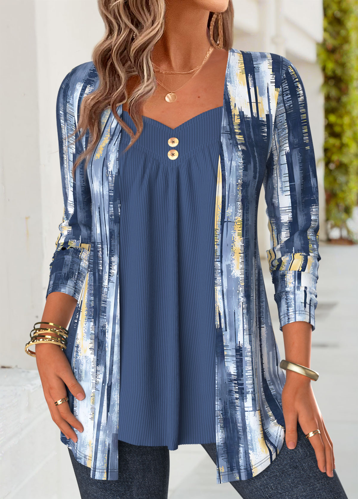 Blue Geometric Print Long Sleeve Fake Two Piece Twinset 3