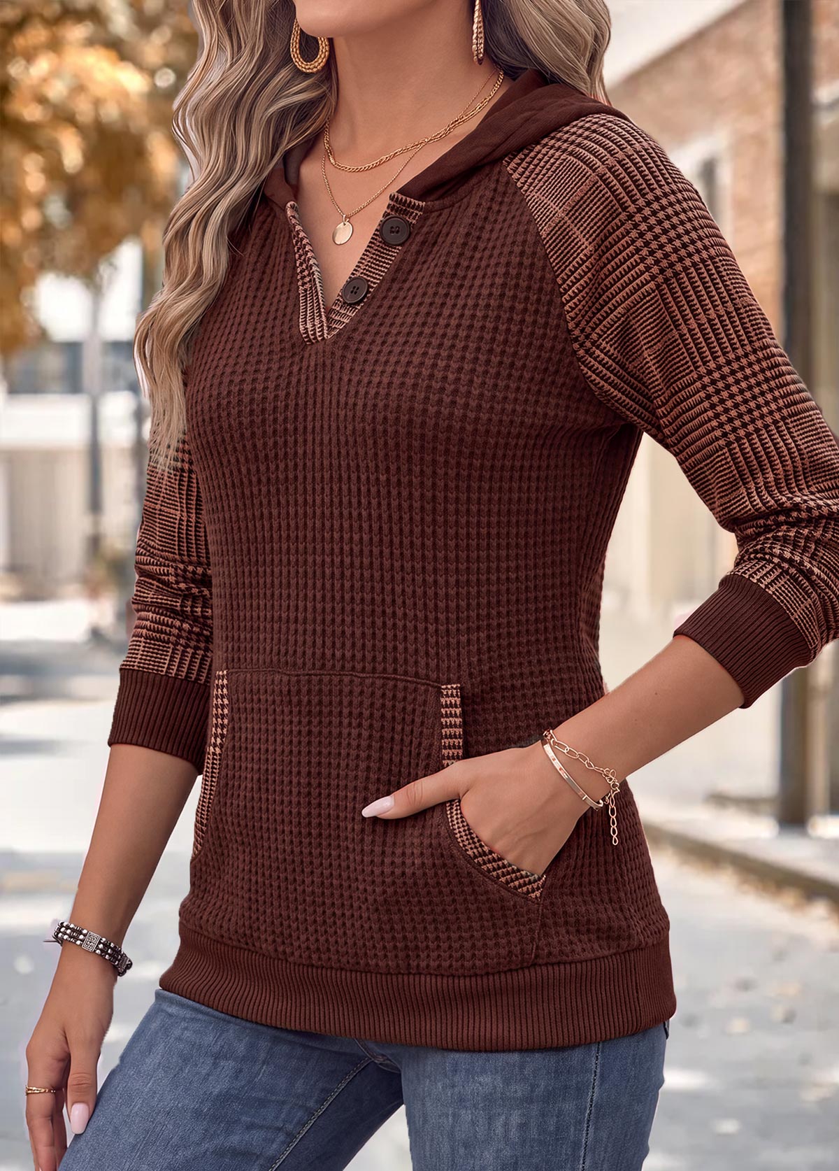 Dark Coffee Kangaroo Pocket Long Sleeve Hoodie 3