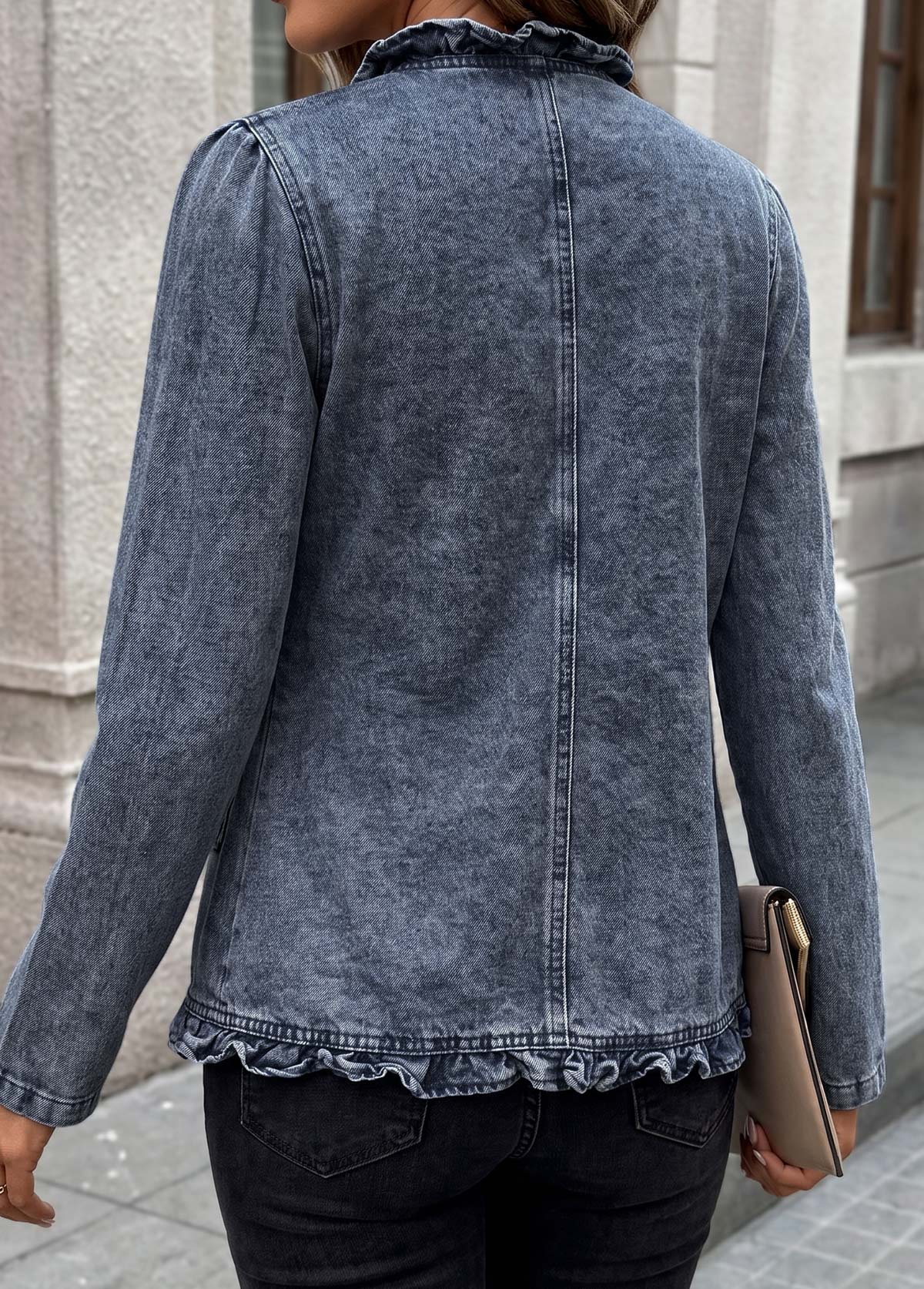 Blue Double Side Pockets Long Sleeve Coat 2