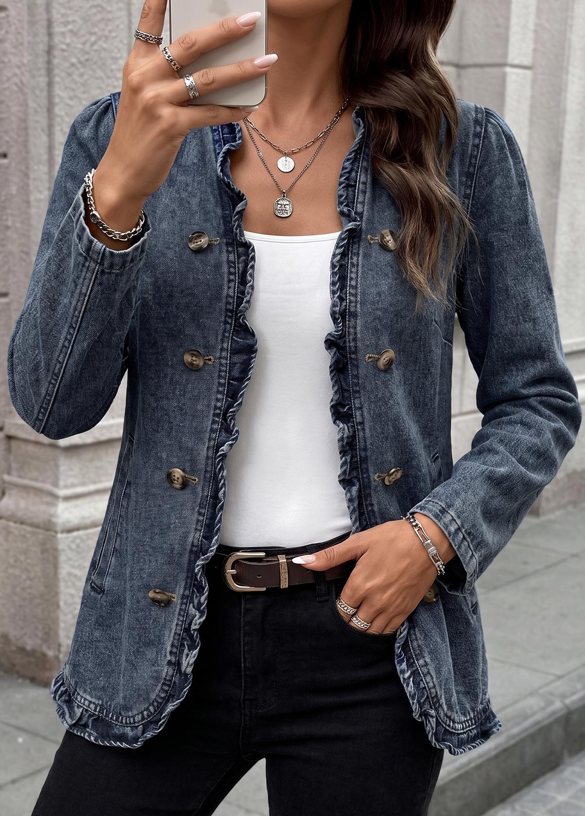 Blue Double Side Pockets Long Sleeve Coat 4