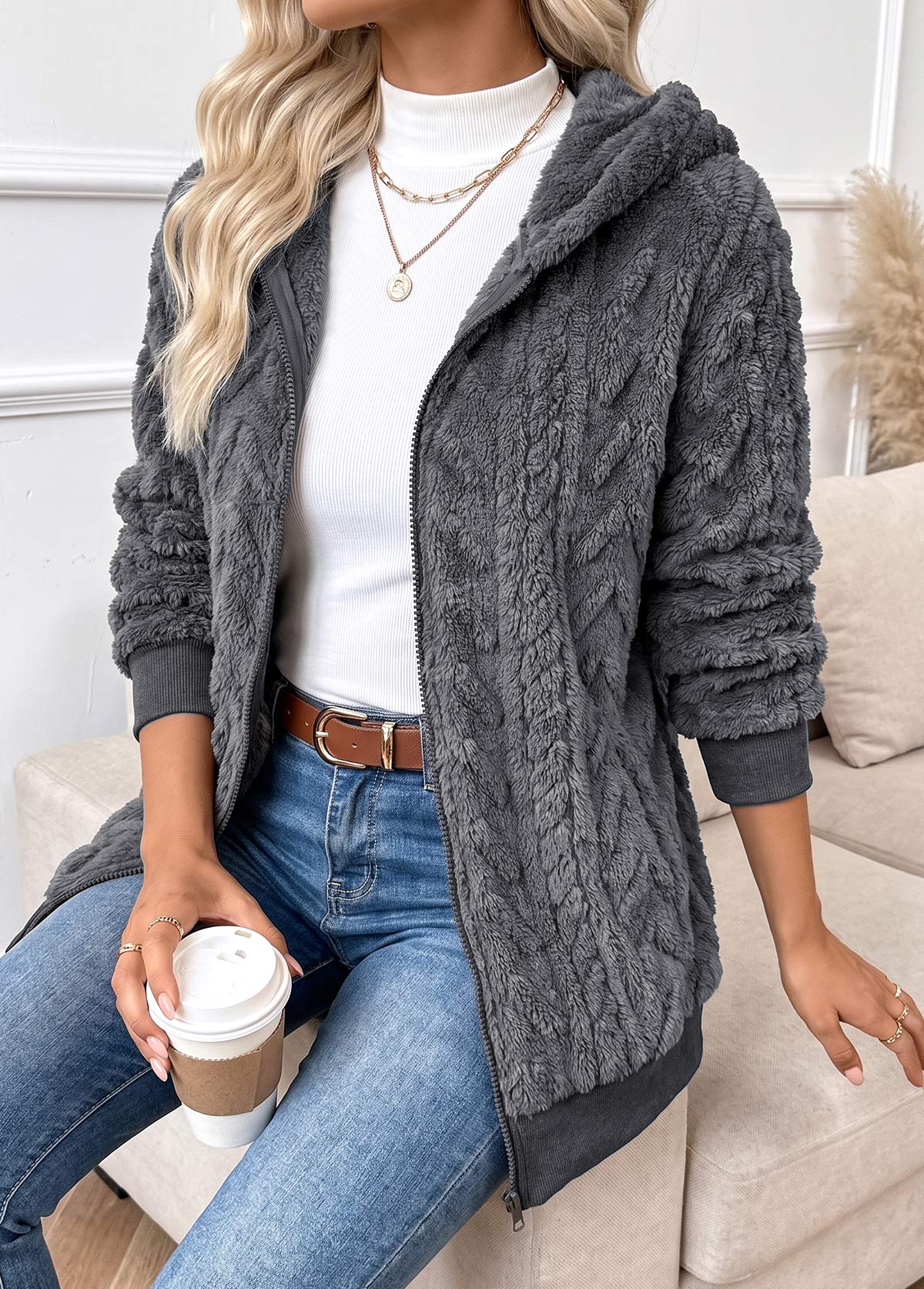 Dark Grey Tummy Coverage Long Sleeve Hooded Coat 6