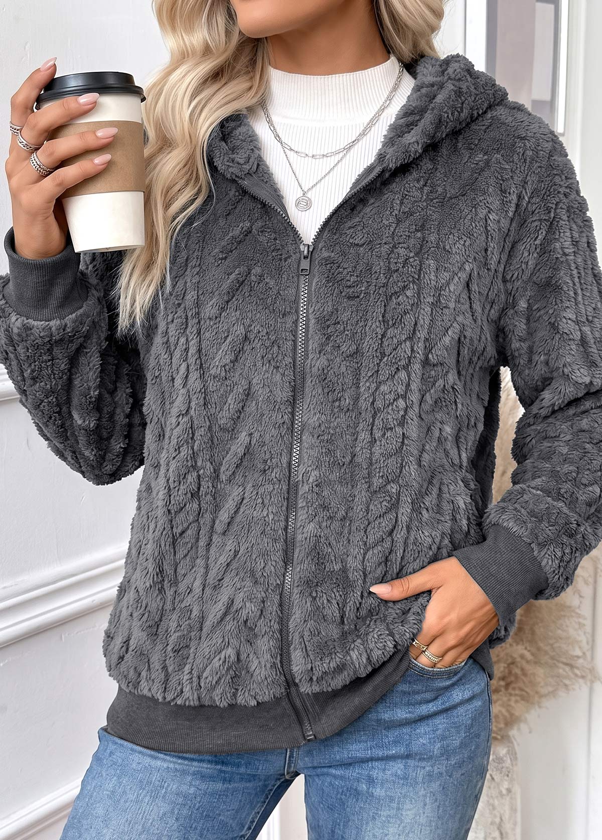 Dark Grey Tummy Coverage Long Sleeve Hooded Coat 5