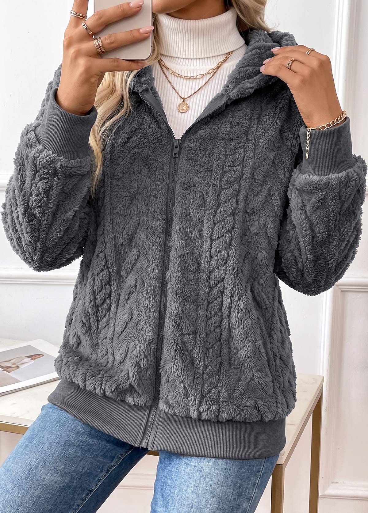 Dark Grey Tummy Coverage Long Sleeve Hooded Coat 3
