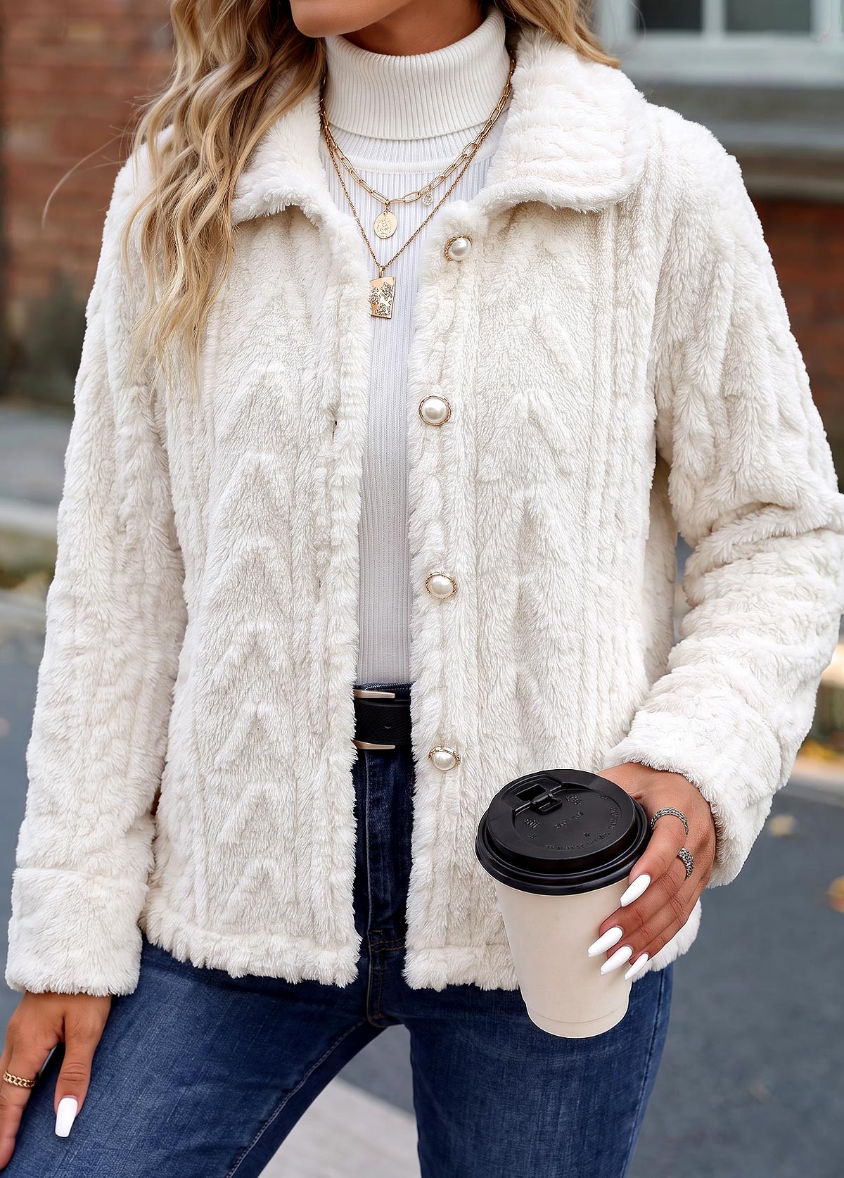 Modlily White Tummy Coverage Long Sleeve Turn Down Collar Coat - S