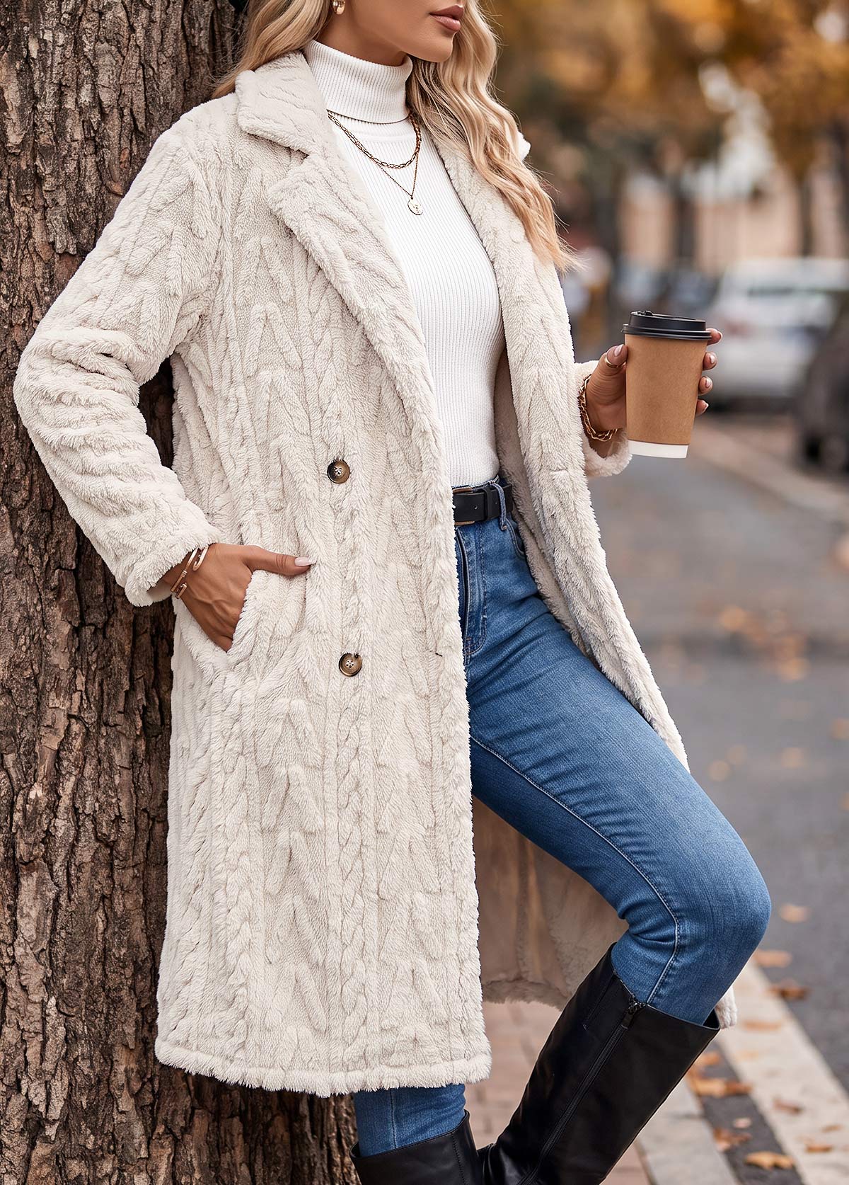 Beige Tummy Coverage Long Sleeve Lapel Coat 5