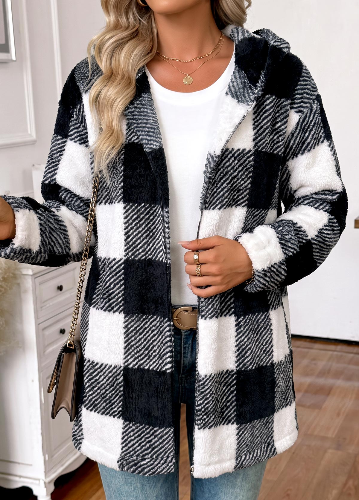 Black Tummy Coverage Plaid Long Sleeve Hooded Coat 4