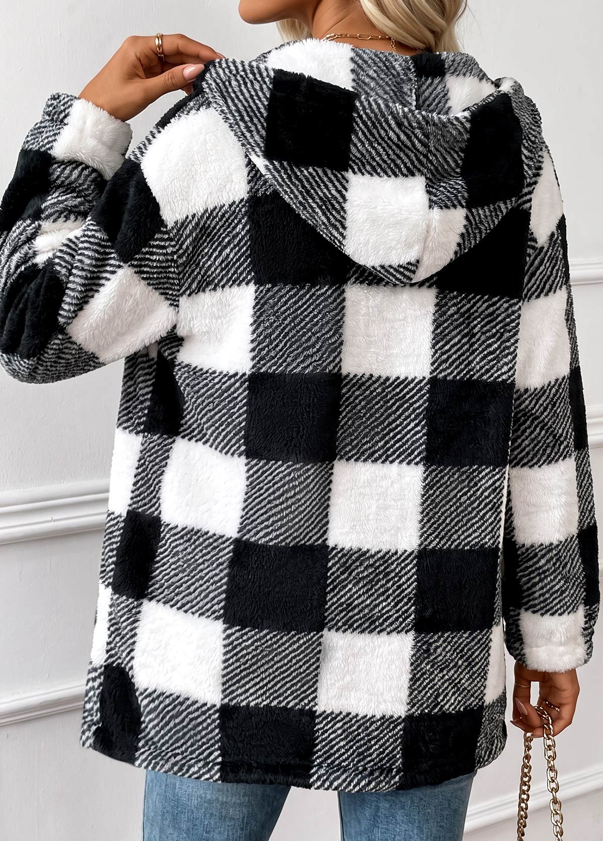 Black Tummy Coverage Plaid Long Sleeve Hooded Coat 2