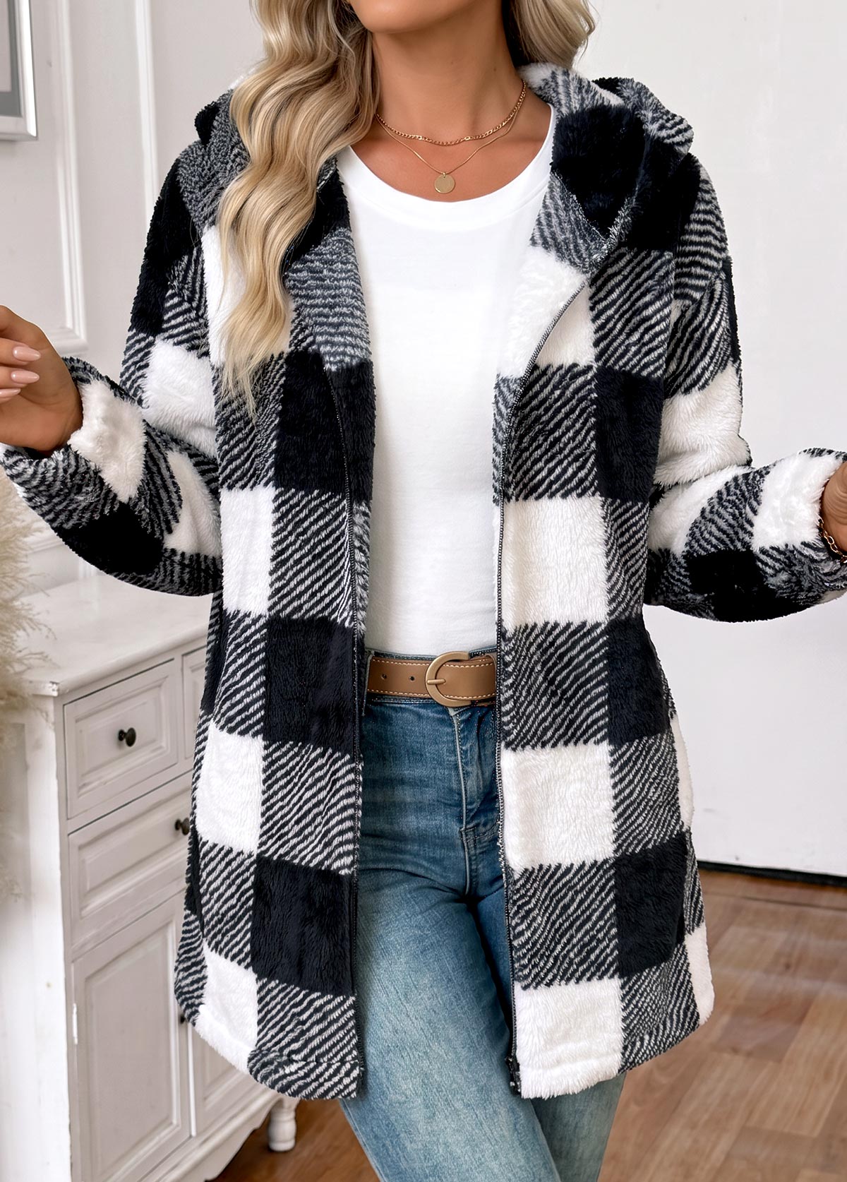 Black Tummy Coverage Plaid Long Sleeve Hooded Coat 5