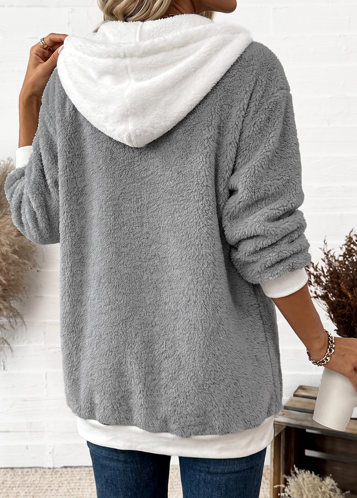 Light Grey Lace Up Long Sleeve Hooded Coat 2