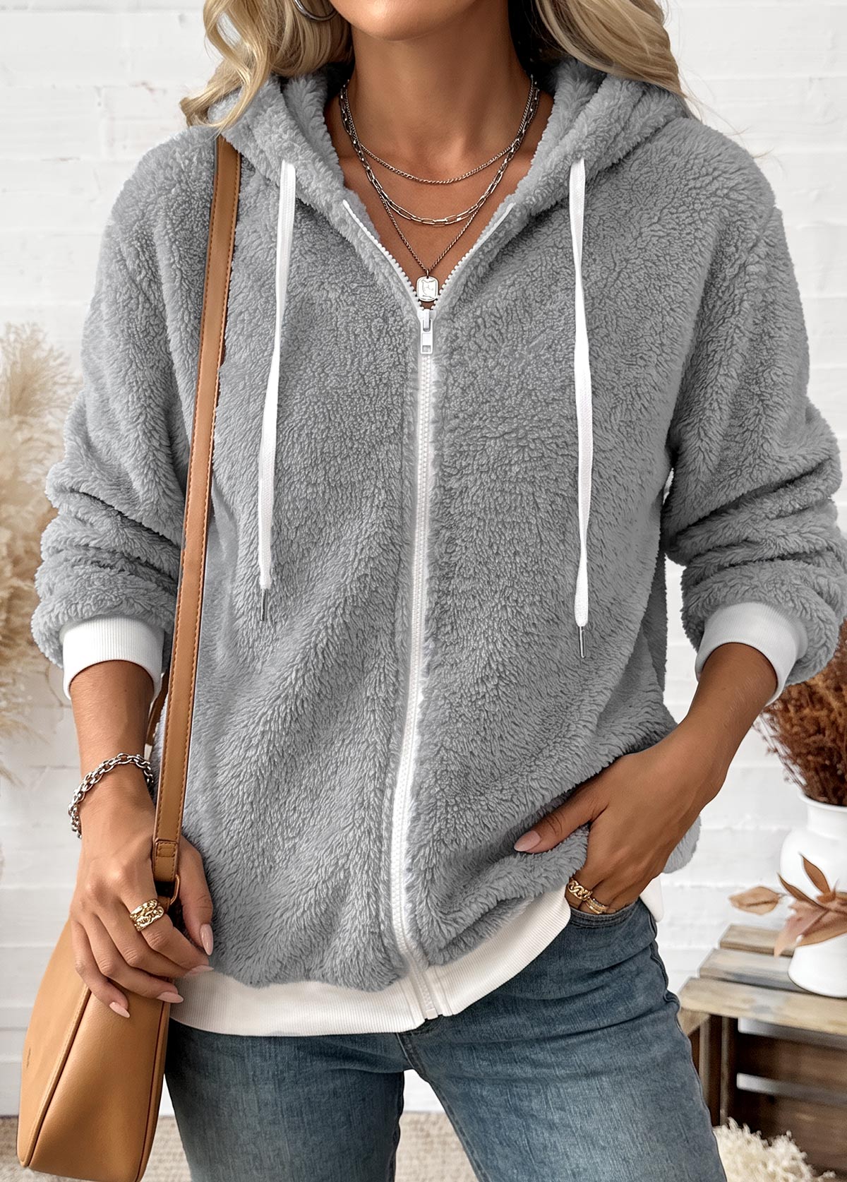 Light Grey Lace Up Long Sleeve Hooded Coat 3
