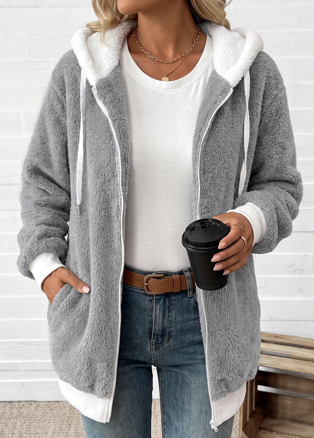 Light Grey Lace Up Long Sleeve Hooded Coat 6