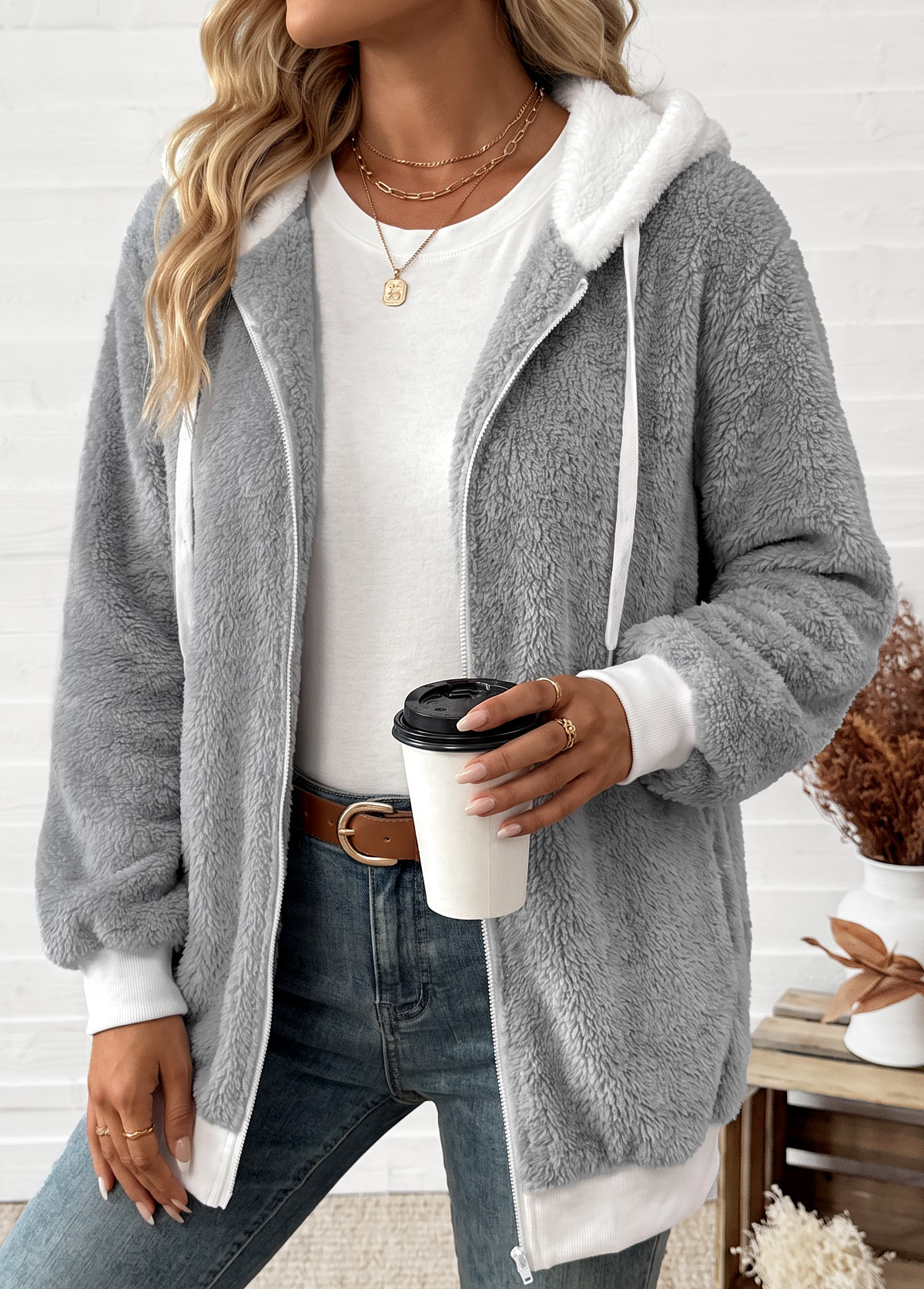 Light Grey Lace Up Long Sleeve Hooded Coat 4