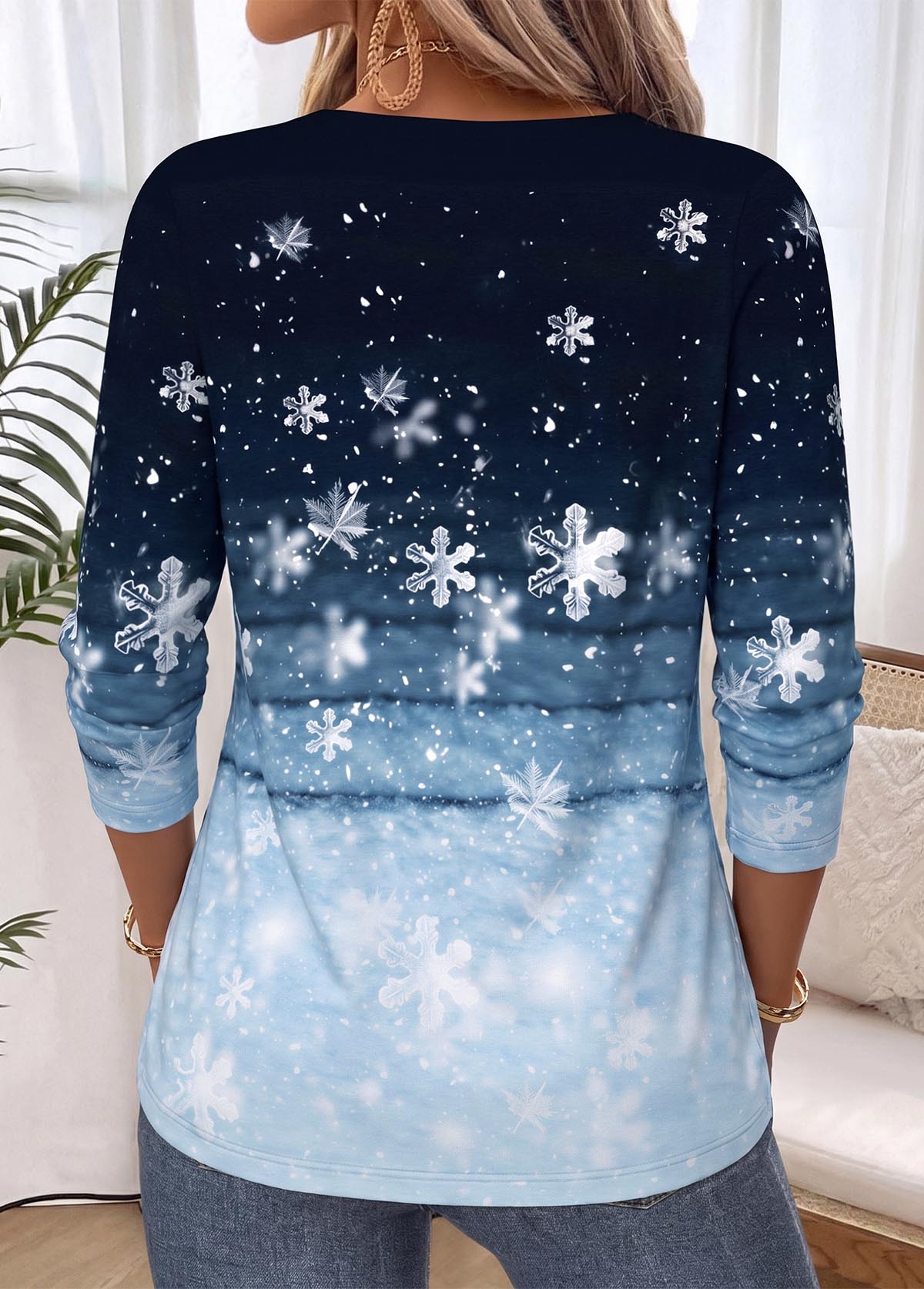 Christmas Multi Color Snowflake Print Tummy Coverage T Shirt 2