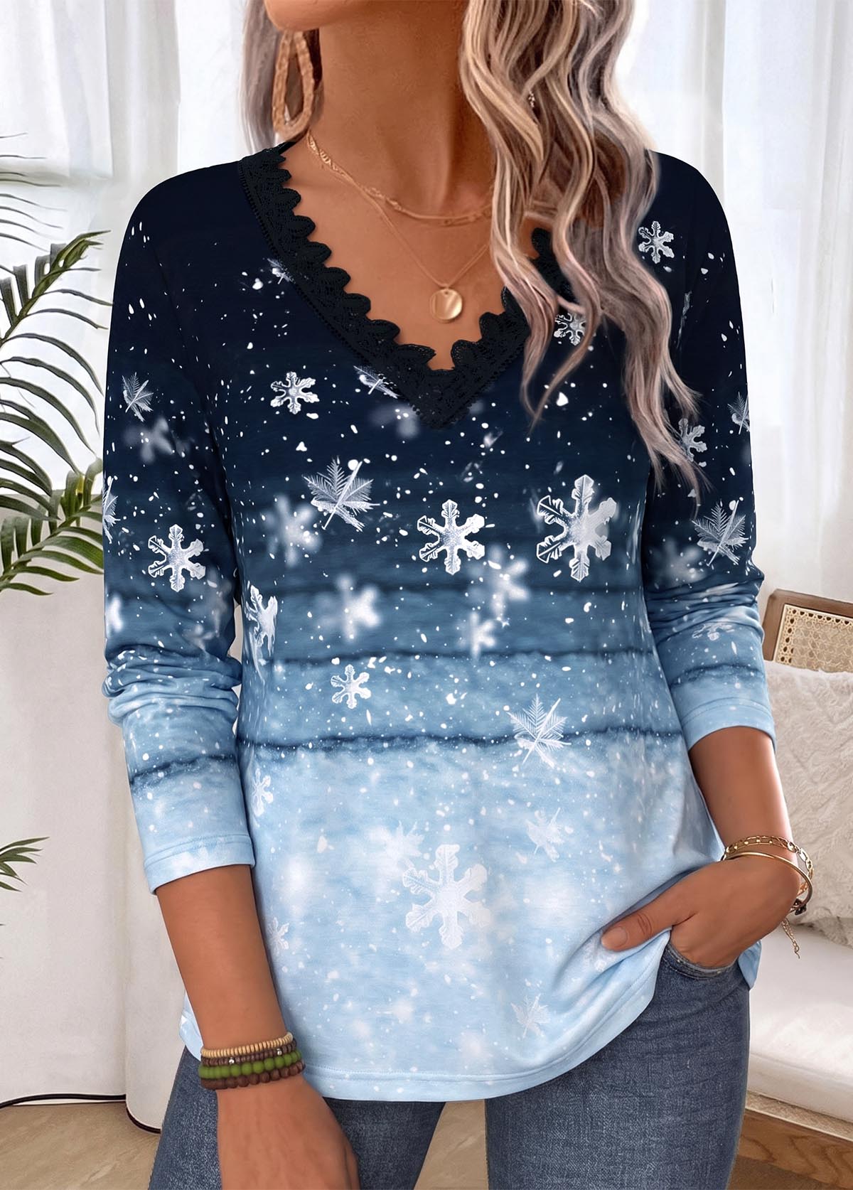 Christmas Multi Color Snowflake Print Tummy Coverage T Shirt 3