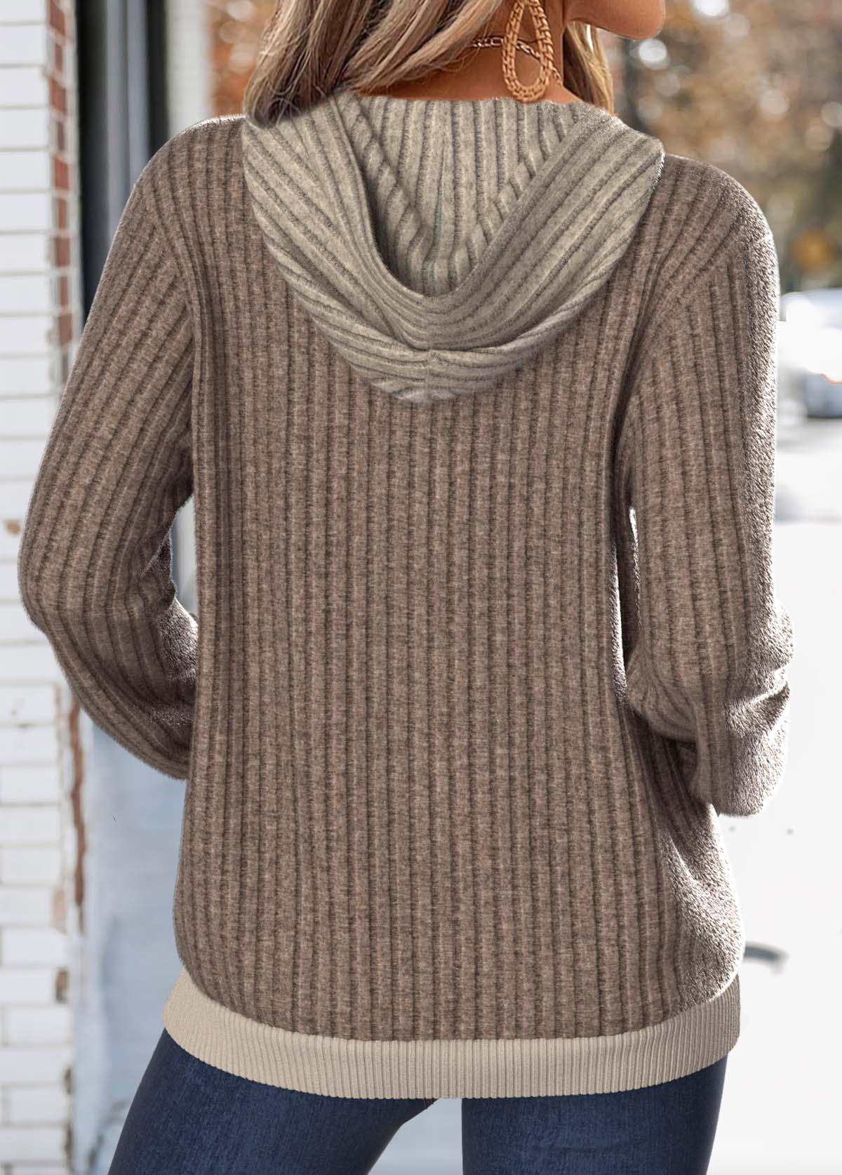 Dark Camel Kangaroo Pocket Long Sleeve Split Neck Hoodie 2