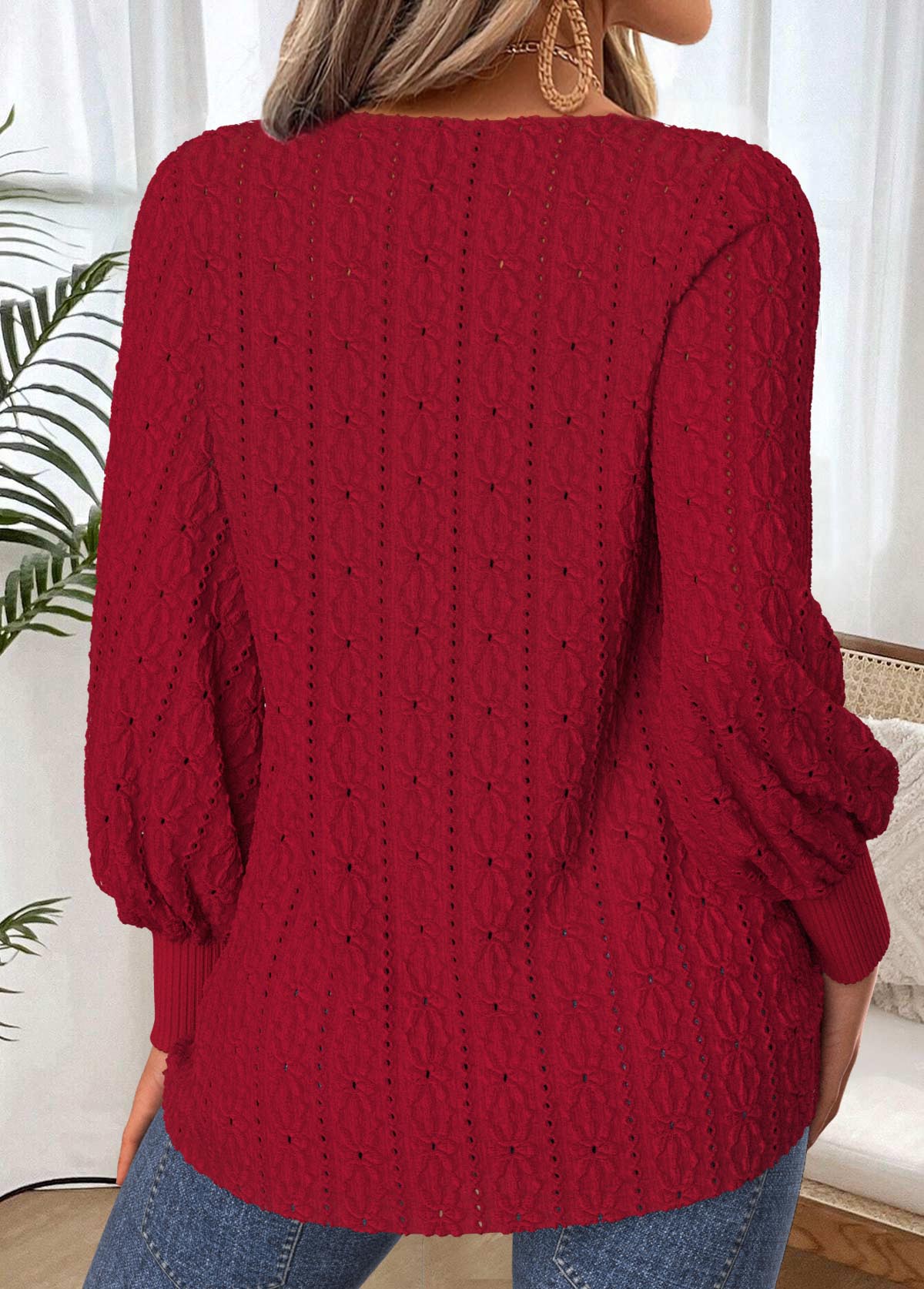 Deep Red Lace Up Long Sleeve T Shirt 2