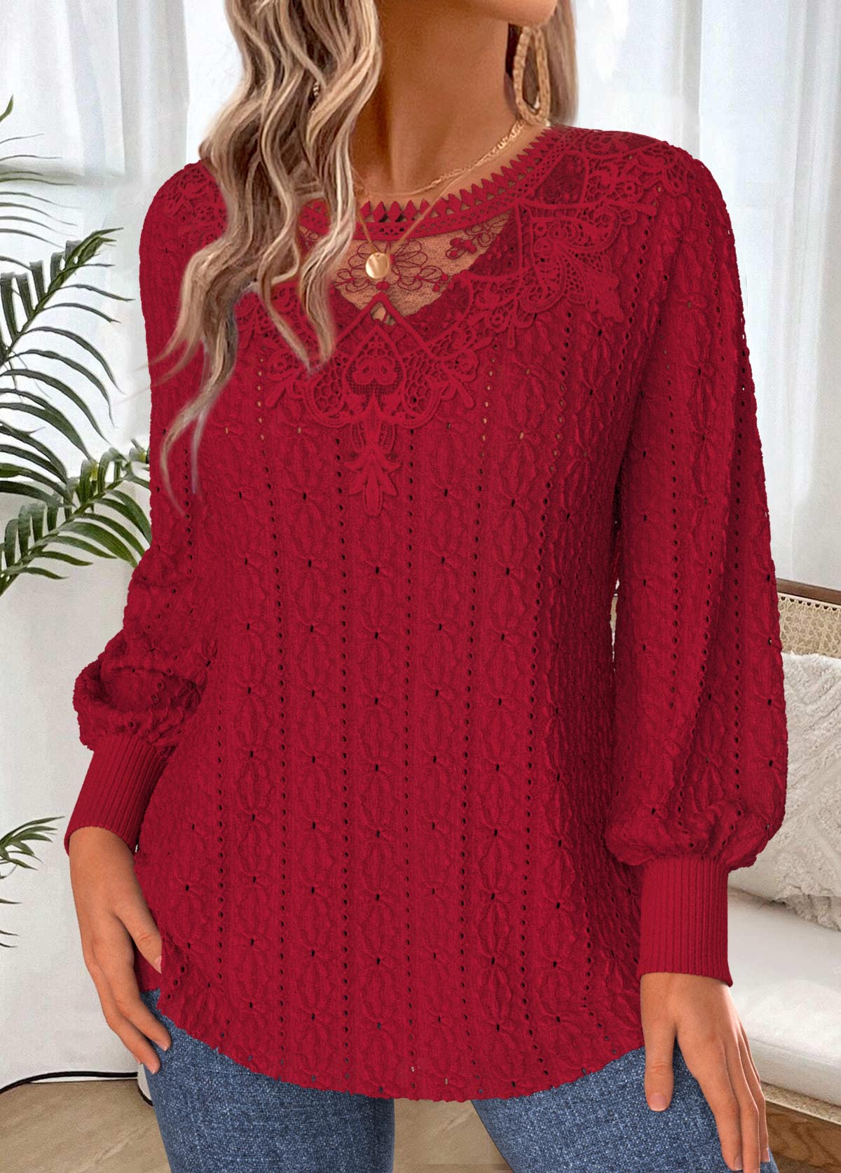 Deep Red Lace Up Long Sleeve T Shirt 3