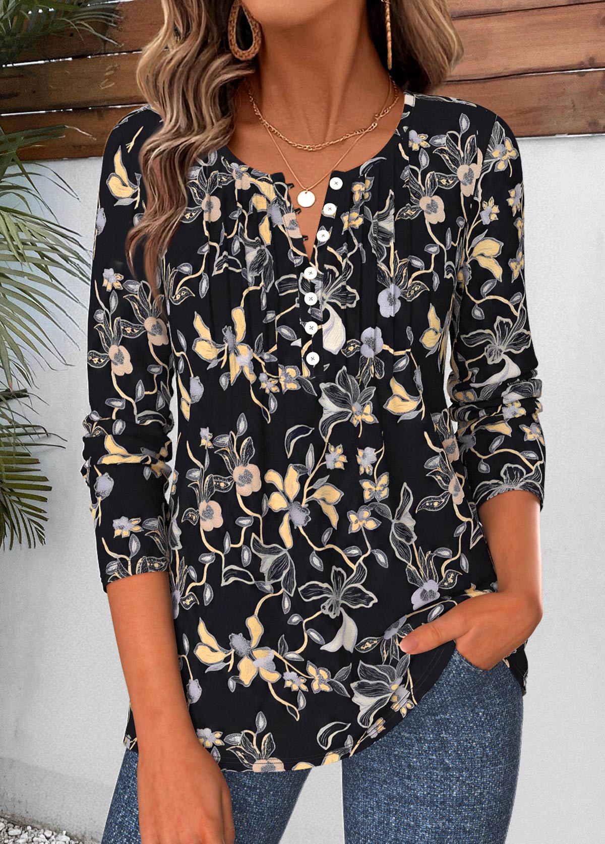 Modlily Black Floral Print Tuck Stitch Long Sleeve T Shirt - XXL