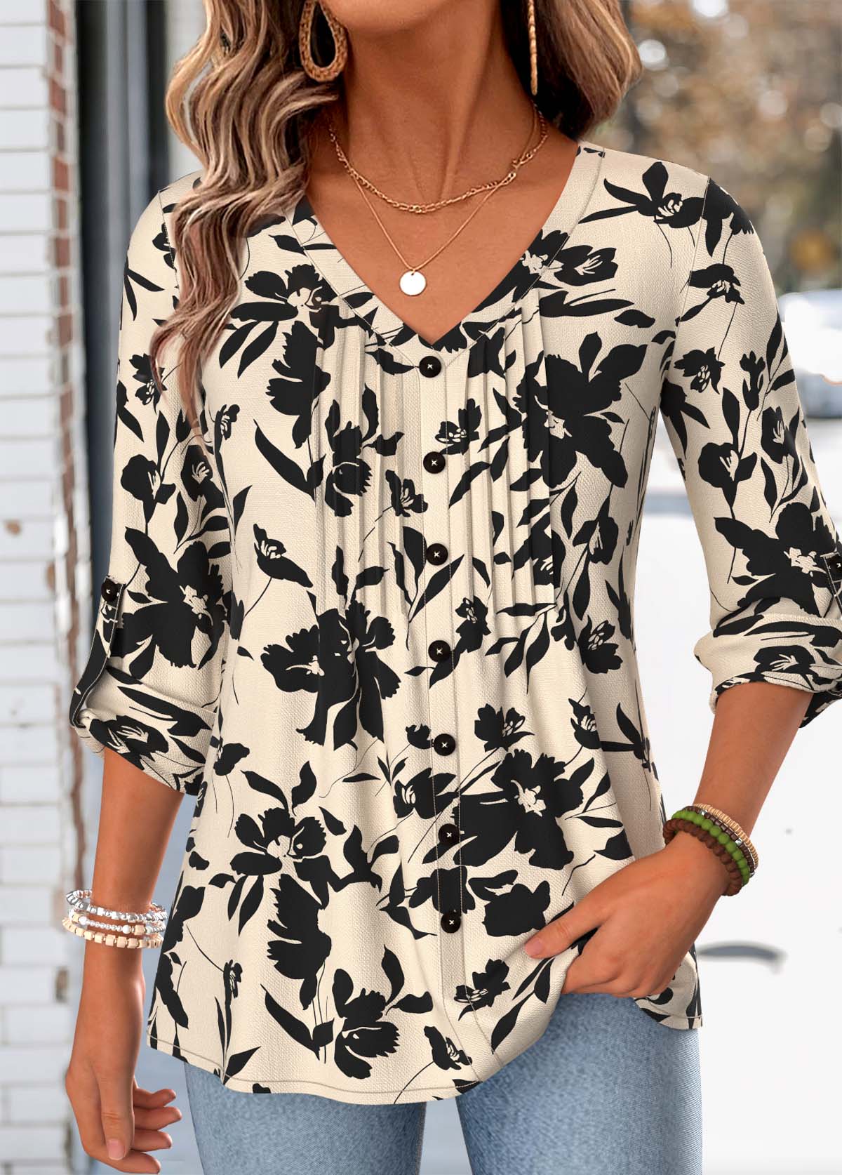 Modlily Multi Color Floral Print Tuck Stitch Long Sleeve Blouse - XXL