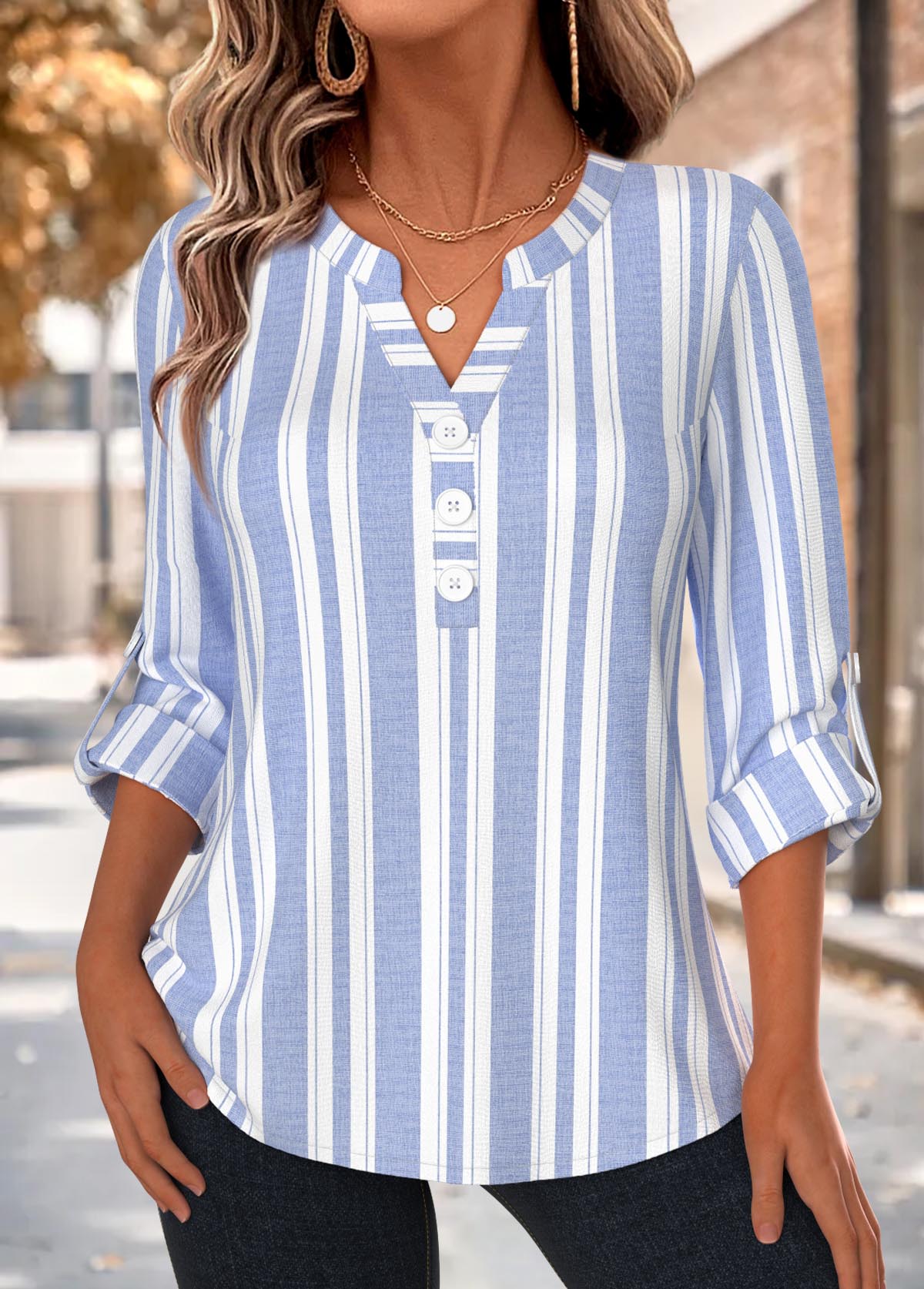 Modlily Blue Striped Button Long Sleeve Split Neck Blouse - XXL