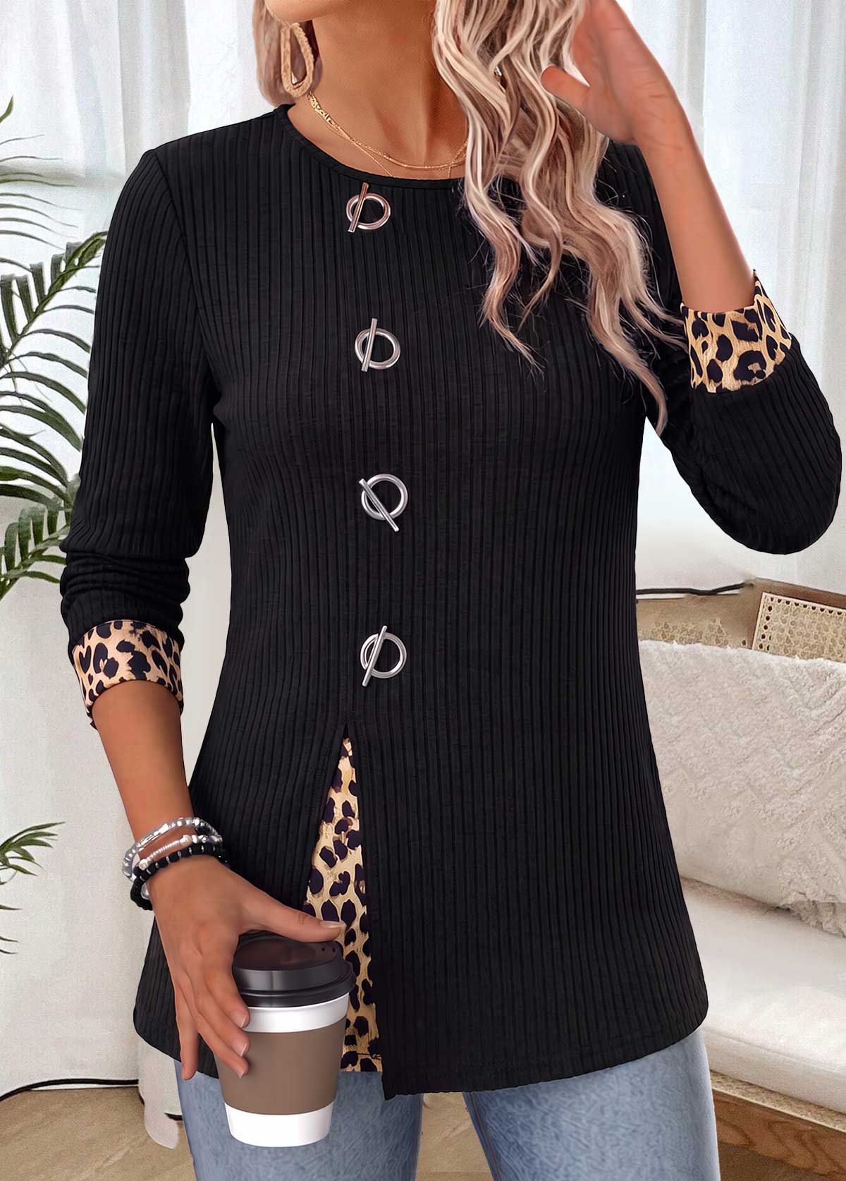Modlily Black Leopard Fake 2in1 Long Sleeve Round Neck Blouse - XXL