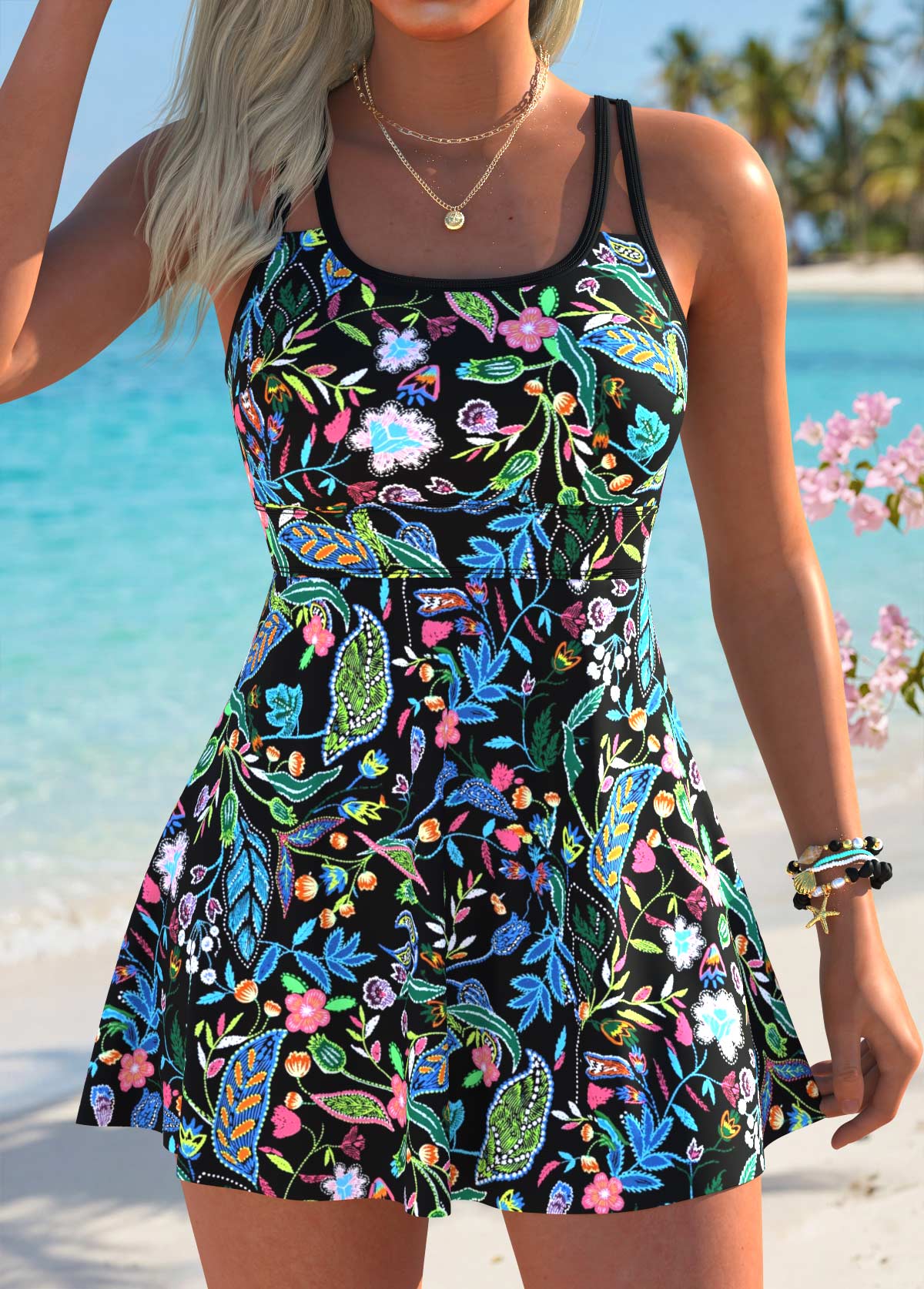 Modlily Black Mid Waisted Floral Print Scoop Neck Tankini Set - XXL