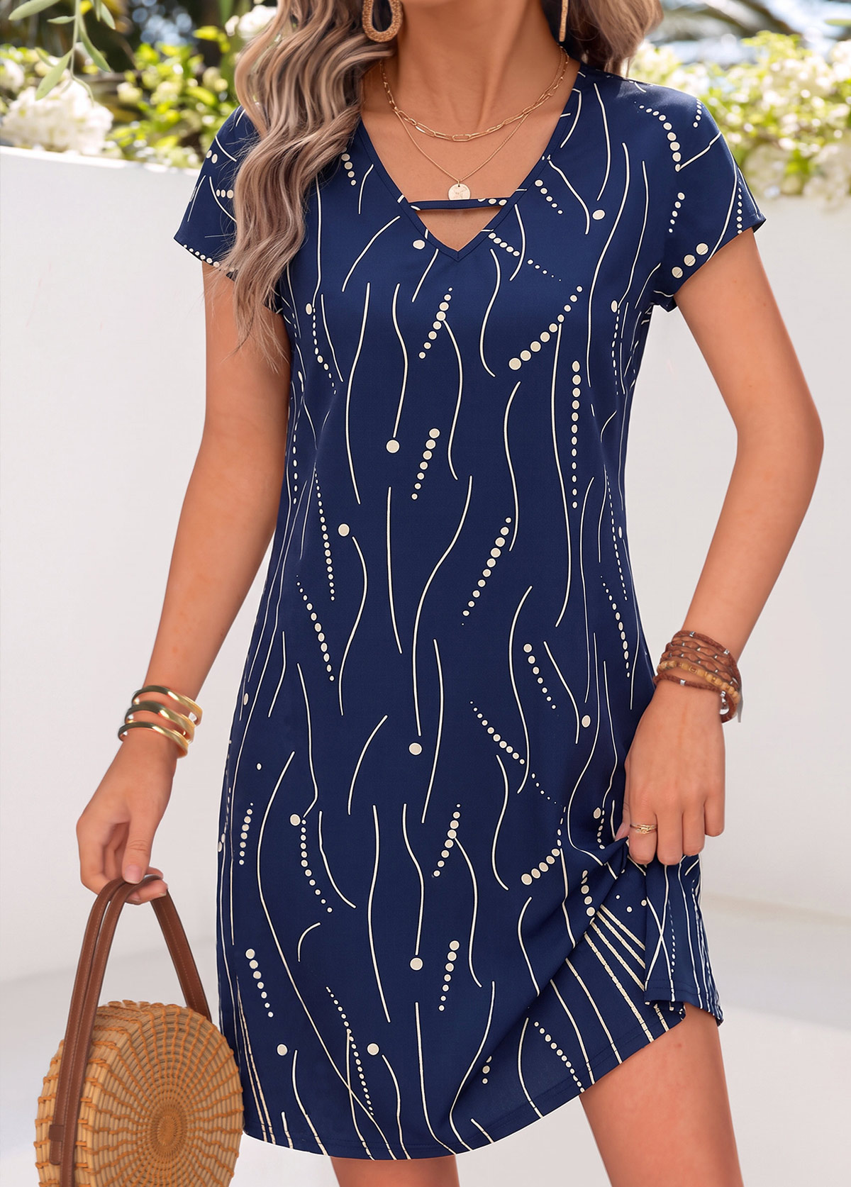 Modlily Navy Geometric Print Short Tummy Coverage V Neck Dress - XXL