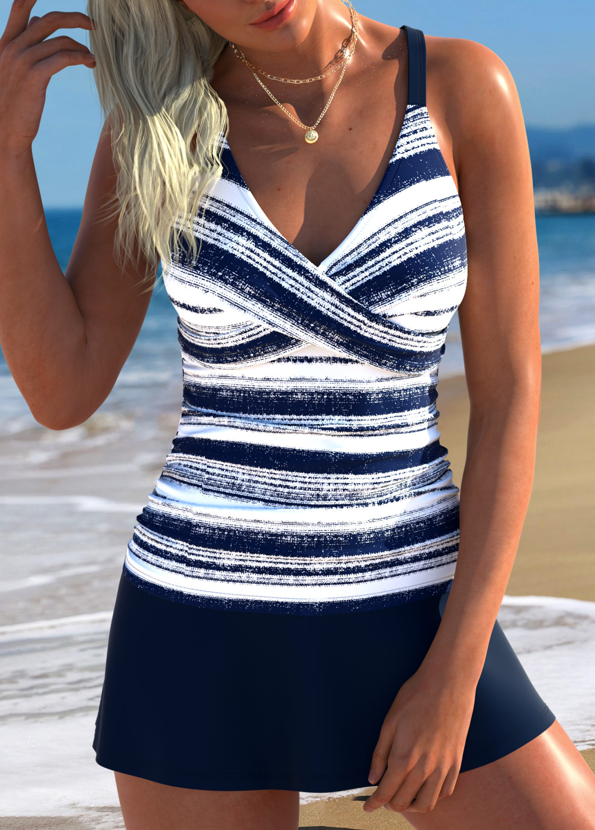 Modlily Navy Mid Waisted Surplice Striped Tankini Set - XXL