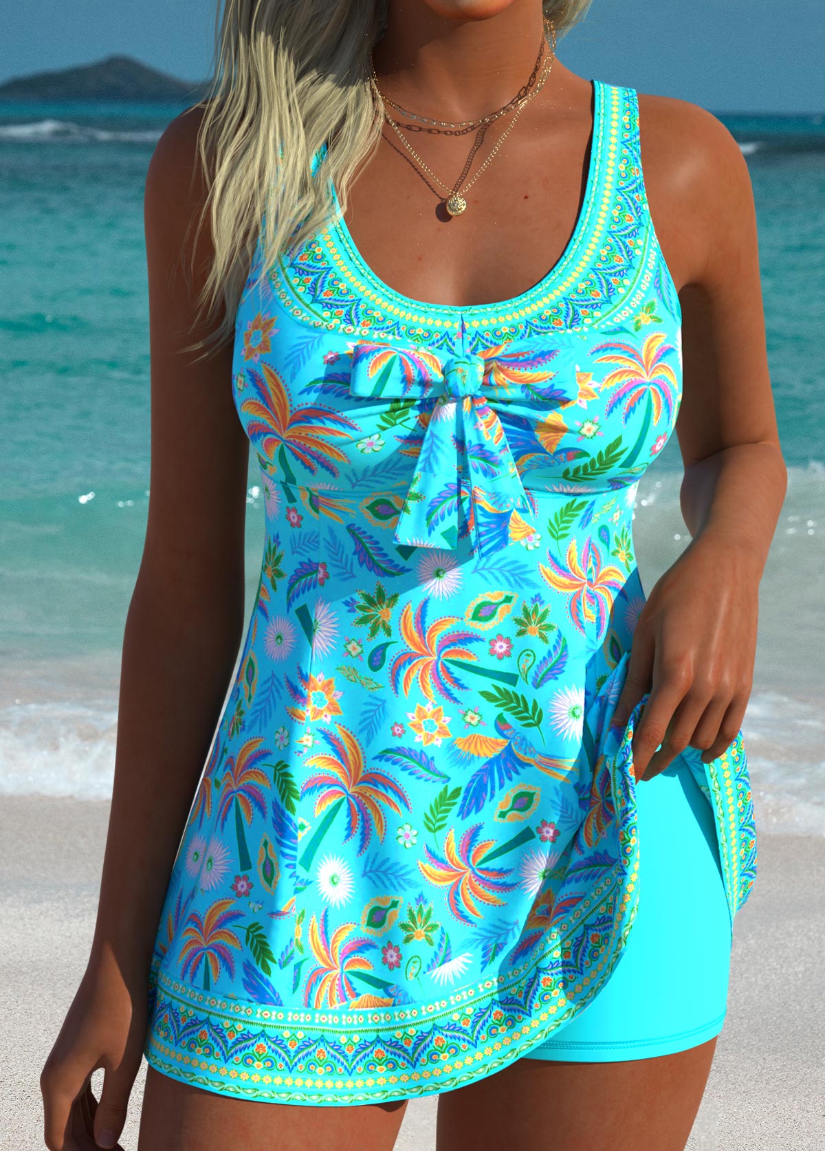 Modlily Cyan Mid Waisted Patchwork Tribal Print Tankini Set - XXL