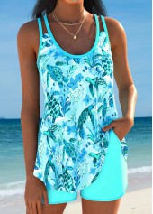 Curved Hem Light Blue Ocean Print Tankini Set 3