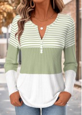 Light Green Striped Button Long Sleeve T Shirt