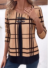 Light Coffee Plaid Layered Fake Two Piece Twinset