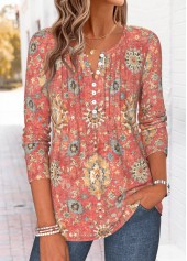 Red Tribal Print Tuck Stitch Long Sleeve T Shirt 3
