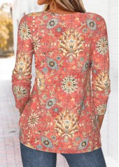 Red Tribal Print Tuck Stitch Long Sleeve T Shirt 2
