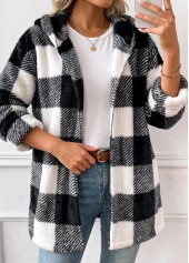 Black Tummy Coverage Plaid Long Sleeve Hooded Coat