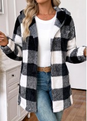 Black Tummy Coverage Plaid Long Sleeve Hooded Coat 5