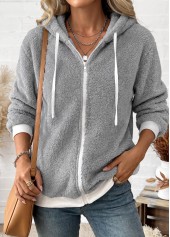 Light Grey Lace Up Long Sleeve Hooded Coat 3