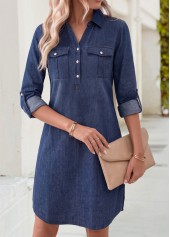 Denim Blue Short Patch Pocket Long Sleeve Dress 3