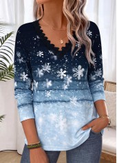 Christmas Multi Color Snowflake Print Tummy Coverage T Shirt 3